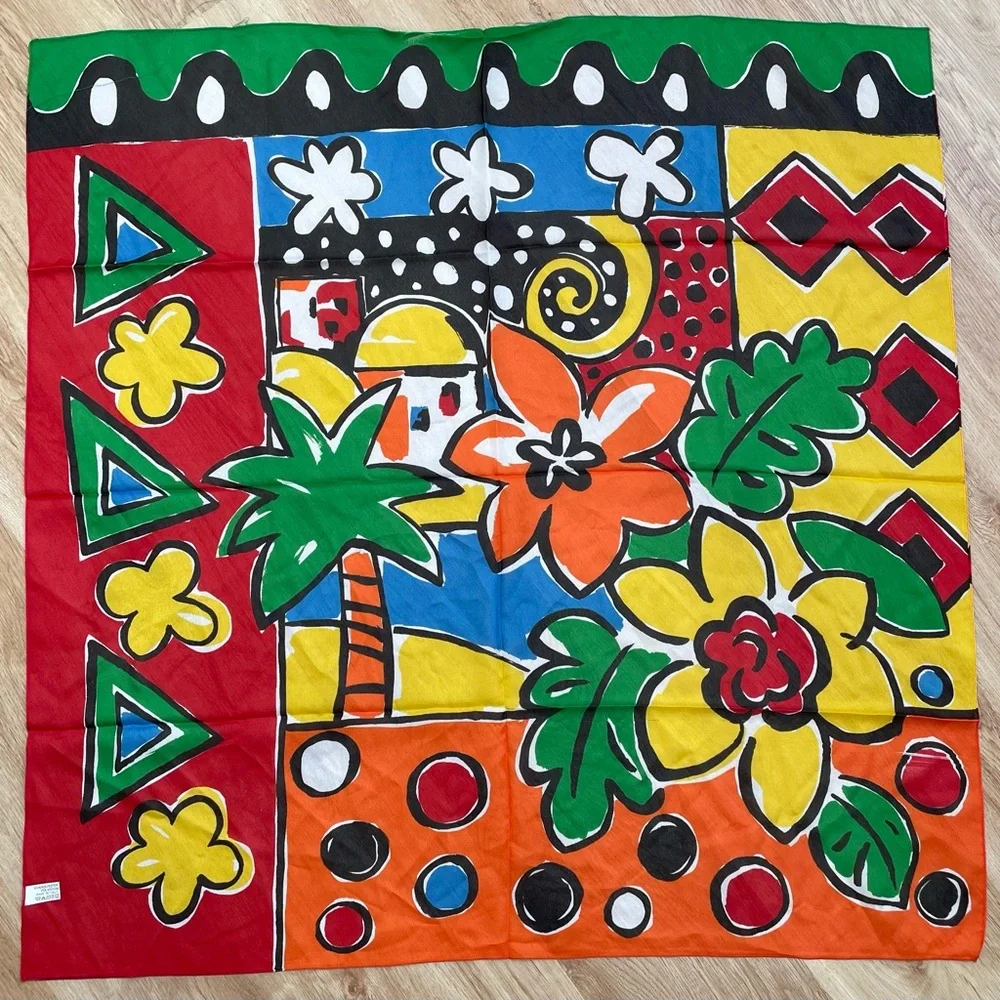 Vintage Colorful square scarf floral polka dots palm tree red blue green yellow